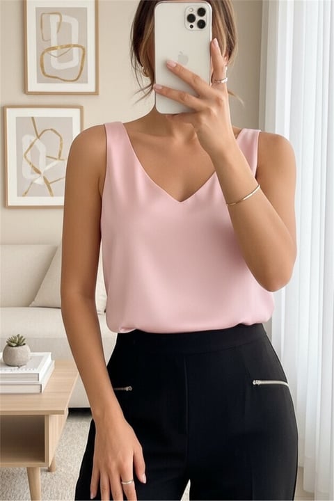 V Yaka Sıfır Kol Saten Bluz   -Pudra-Bluz-349-5083-R06