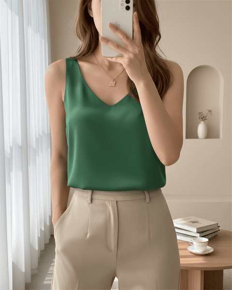 V Yaka Sıfır Kol Saten Bluz  -Zümrüt-Bluz-349-5083-R17