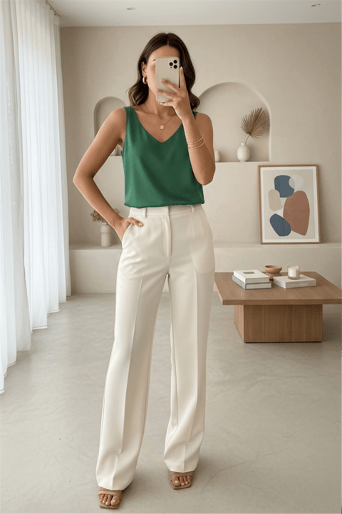 V Yaka Sıfır Kol Saten Bluz  -Zümrüt-Bluz-349-5083-R17