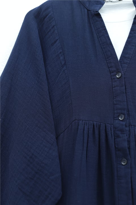 V Yaka Yarım Düğmeli Kolu Lastikli Parçalı Müslin Elbise -Laci-Elbise-430-3007-R03