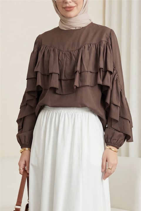 Volanlı Kolu Lastikli Bluz -K. Kahve-Bluz-307-0087-R54