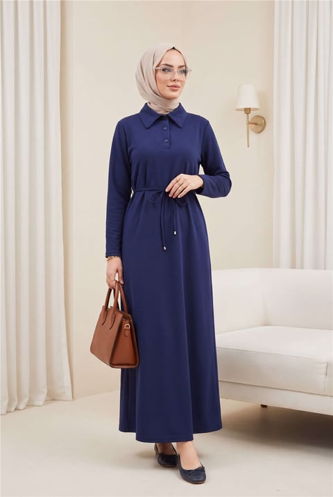 Yakalı  Düğmeli Beli Bağlamalı Penye Elbise  -Laci-Elbise-349-5326-R03