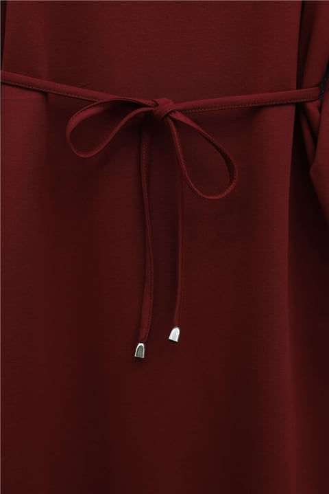 Yakalı  Düğmeli Beli Bağlamalı Penye Elbise  -Bordo-Elbise-349-5326-R04