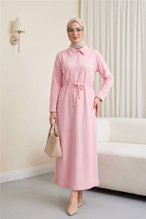 Yakalı  Düğmeli Beli Bağlamalı Penye Elbise  -Pudra-Elbise-349-5326-R06