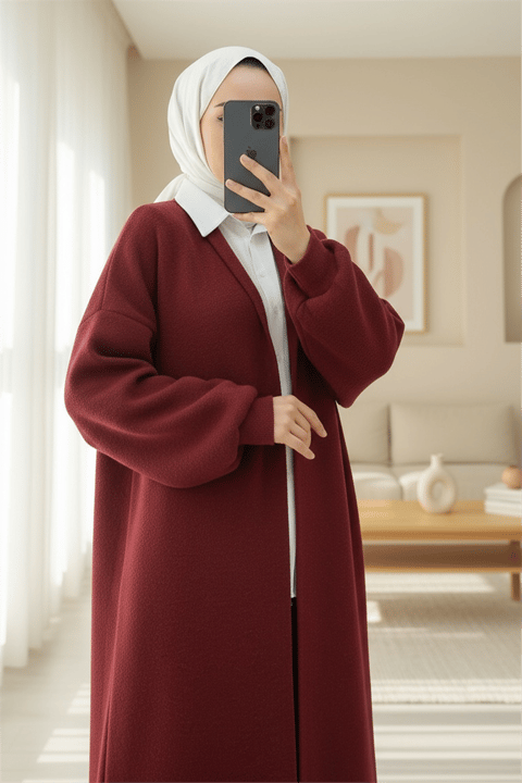 Yakalı Uzun Salaş Yumoş Hırka -Bordo-Hırka-385-3814-R04