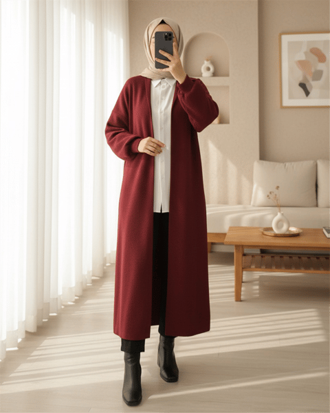 Yakalı Uzun Salaş Yumoş Hırka -Bordo-Hırka-385-3814-R04