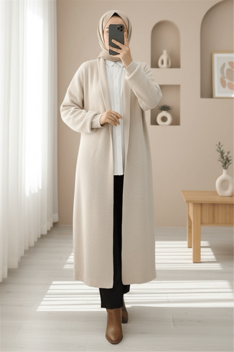 Yakalı Uzun Salaş Yumoş Hırka -Ekru-Hırka-385-3814-R07