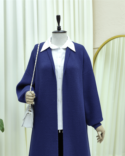 Yakalı Uzun Salaş Yumoş Hırka -İndigo-Hırka-385-3814-R21