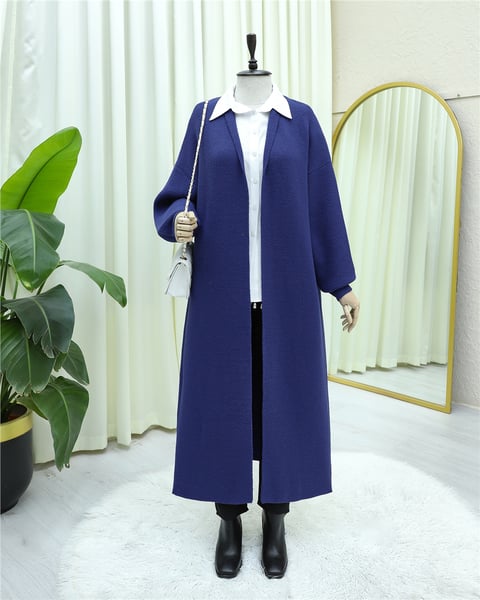 Yakalı Uzun Salaş Yumoş Hırka -İndigo-Hırka-385-3814-R21