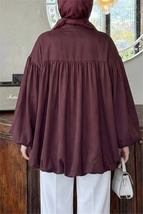 Yakası Bağcıklı Boydan Düğmeli Balon Kol Cupra Tunik -Mürdüm-Tunik-307-0088-R09