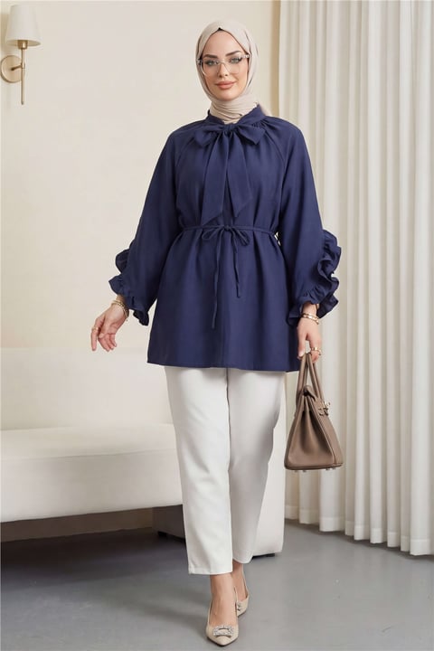 Yakası Bağcıklı Fermuarlı Kolu Fırfırlı Kemerli Modal Tunik -Laci-Tunik-307-0059-R03