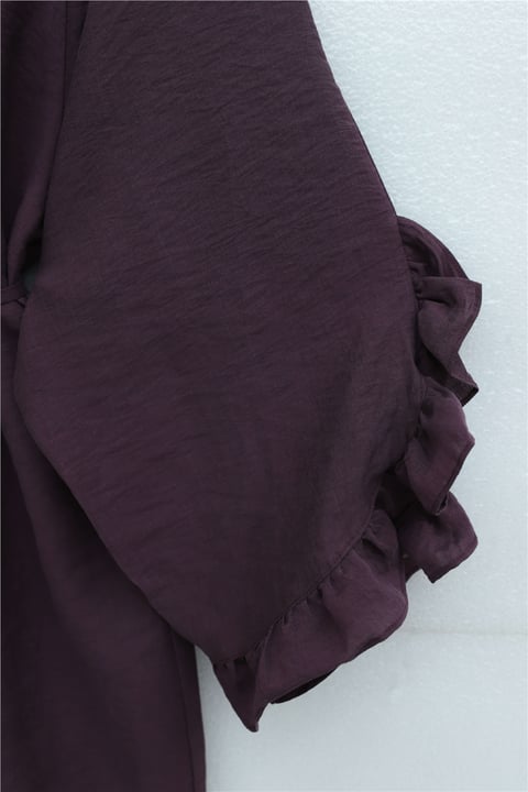 Yakası Bağcıklı Fermuarlı Kolu Fırfırlı Kemerli Modal Tunik -Mürdüm-Tunik-307-0059-R09