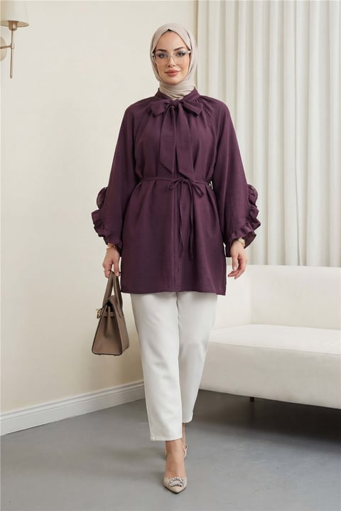 Yakası Bağcıklı Fermuarlı Kolu Fırfırlı Kemerli Modal Tunik -Mürdüm-Tunik-307-0059-R09