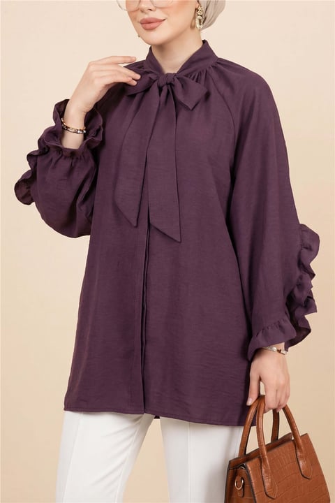 Yakası Bağcıklı Fermuarlı Kolu Fırfırlı Kemerli Modal Tunik -Mürdüm-Tunik-307-0059-R09