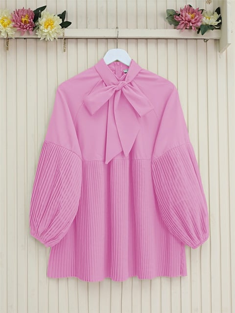 Yakası Bağcıklı Kolları ve Eteği Pliseli Tunik -Pembe-Tunik-223-3041-R20
