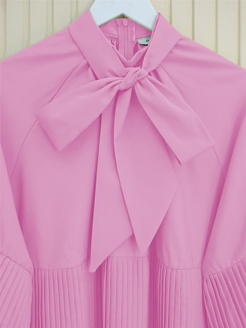 Yakası Bağcıklı Kolları ve Eteği Pliseli Tunik -Pembe-Tunik-223-3041-R20
