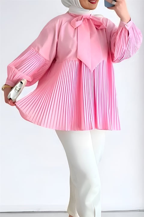 Yakası Bağcıklı Kolları ve Eteği Pliseli Tunik -Pembe-Tunik-223-3041-R20