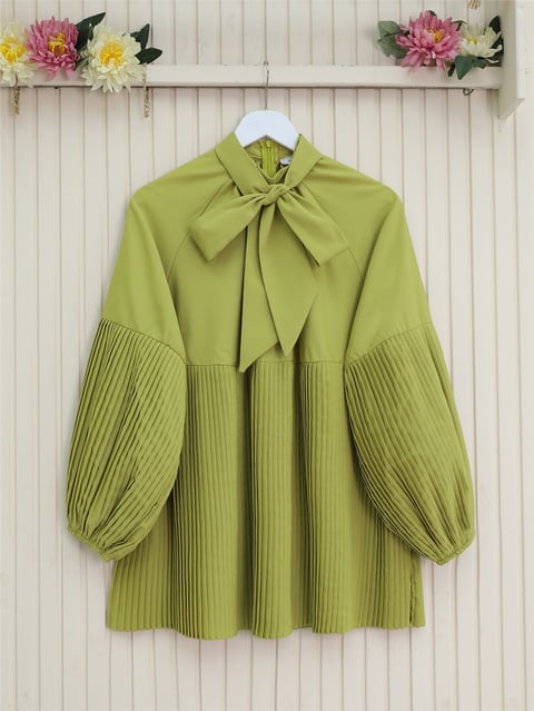 Yakası Bağcıklı Kolları ve Eteği Pliseli Tunik -Yağ Yeşili-Tunik-223-3041-R72