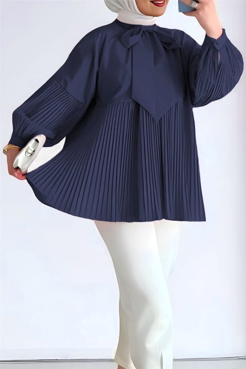Yakası Bağcıklı Kolları ve Eteği Pliseli Tunik -Laci-Tunik-223-3041-R03