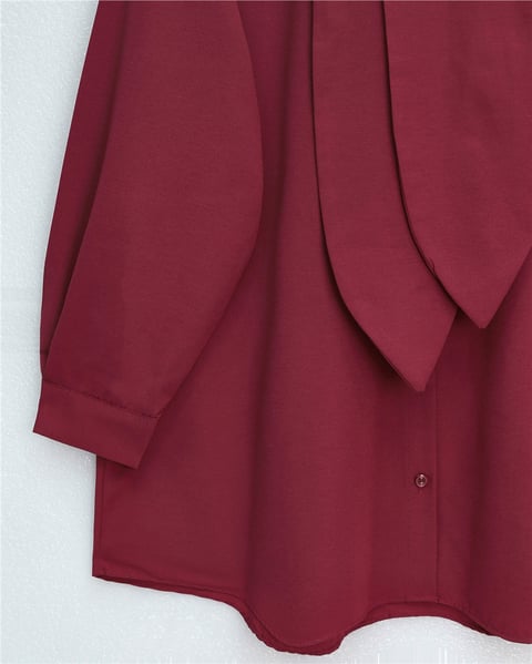Yakası Bağlamalı Düğmeli Oversize Gömlek -Bordo-Gömlek-120-1637-R04