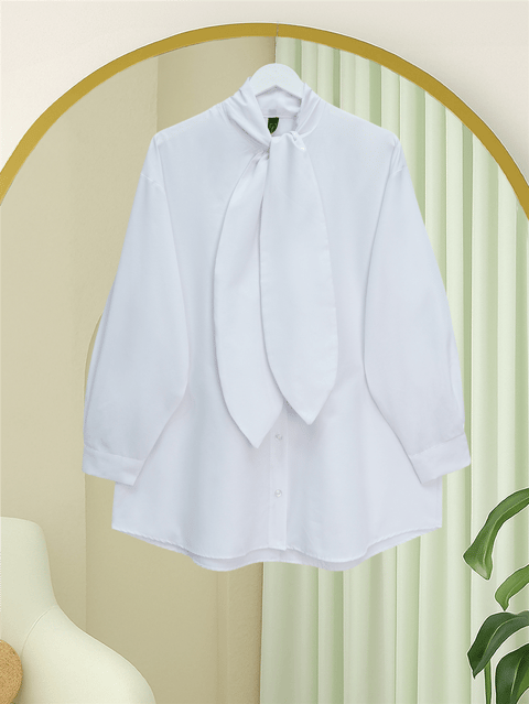 Yakası Bağlamalı Düğmeli Oversize Gömlek -Beyaz-Gömlek-120-1637-R02