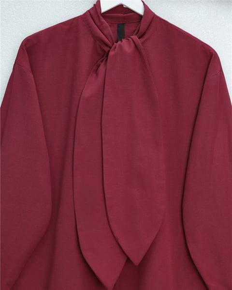 Yakası Bağlamalı Düğmeli Oversize Gömlek -Bordo-Gömlek-120-1637-R04