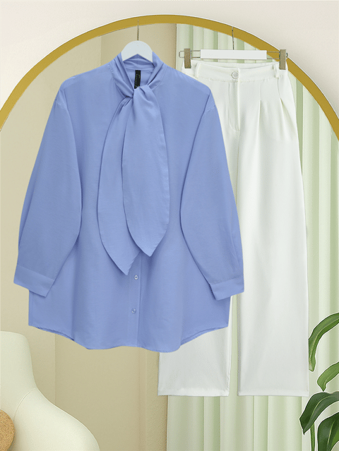 Gömlek-Yakası Bağlamalı Düğmeli Oversize Gömlek -Bebe Mavi-120-1637-R32