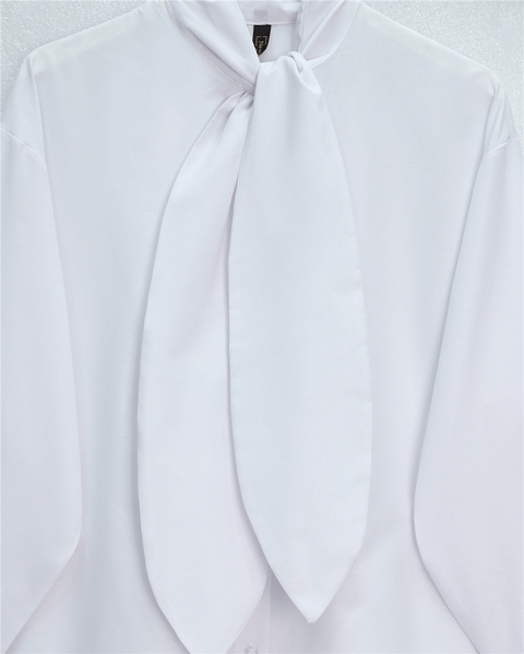 Yakası Bağlamalı Düğmeli Oversize Gömlek -Beyaz-Gömlek-120-1637-R02