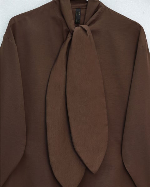 Yakası Bağlamalı Düğmeli Oversize Gömlek -Kahve-Gömlek-120-1637-R15