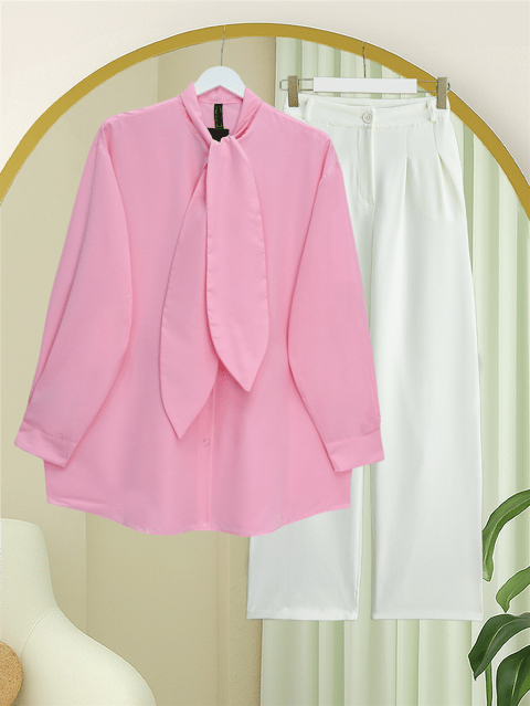 Gömlek-Yakası Bağlamalı Düğmeli Oversize Gömlek -Pembe-120-1637-R20