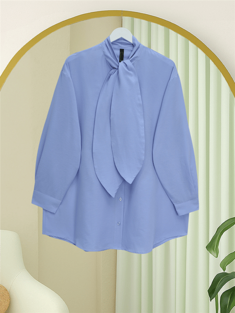 Gömlek-Yakası Bağlamalı Düğmeli Oversize Gömlek -Bebe Mavi-120-1637-R32