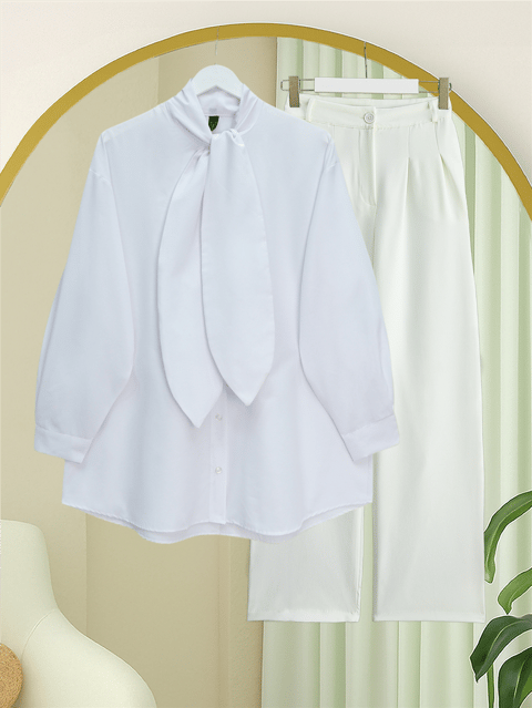 Gömlek-Yakası Bağlamalı Düğmeli Oversize Gömlek -Beyaz-120-1637-R02