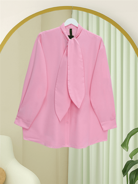 Yakası Bağlamalı Düğmeli Oversize Gömlek -Pembe-Gömlek-120-1637-R20