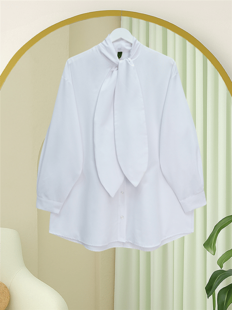 Gömlek-Yakası Bağlamalı Düğmeli Oversize Gömlek -Beyaz-120-1637-R02
