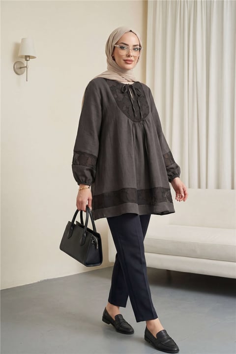 Yakası Bağlamalı Kolu Lastikli Garnili Modal Tunik  -K. Kahve-Tunik-307-0124-R54