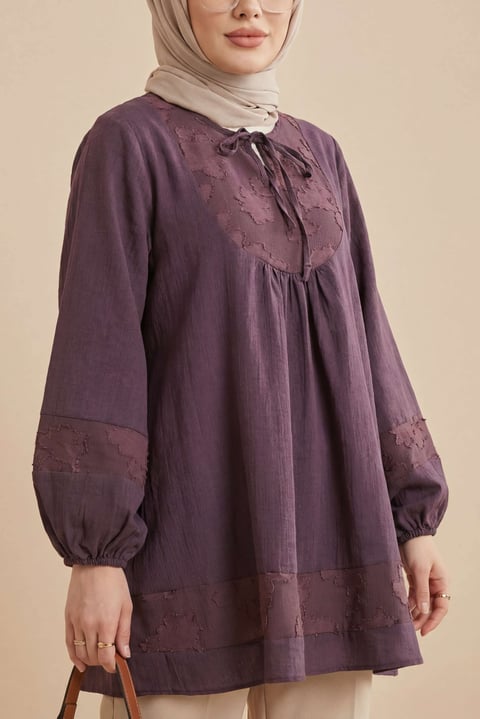 Yakası Bağlamalı Kolu Lastikli Garnili Modal Tunik  -Mürdüm-Tunik-307-0124-R09