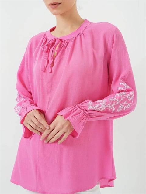 Yakası Bağlamalı Kolu Nakışlı Lastikli Gömlek -Pembe-Gömlek-138-941-R20