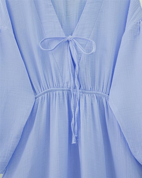 Yakası Bağlamalı Kolu Ve Beli Lastikli Müslin Elbise -Bebe Mavi-Elbise-346-3071-R32