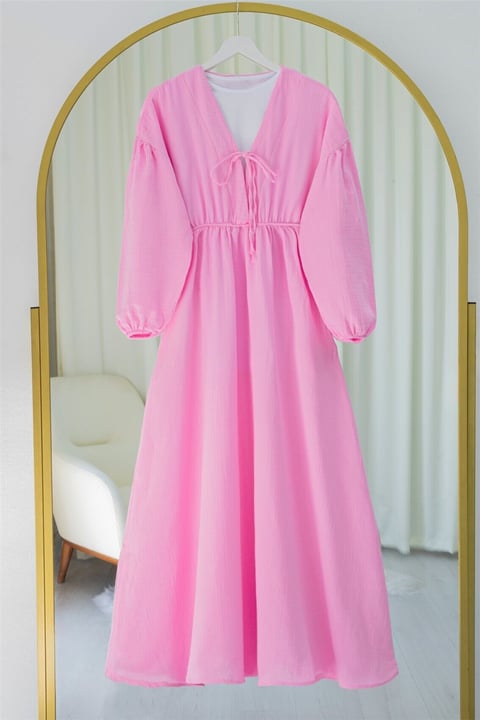 Yakası Bağlamalı Kolu Ve Beli Lastikli Müslin Elbise -Pembe-Elbise-346-3071-R20