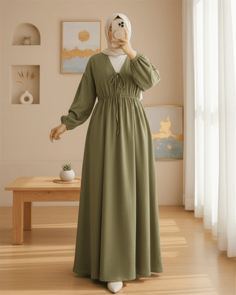 Yakası Bağlamalı Kolu Ve Beli Lastikli Müslin Elbise  -Haki-Elbise-346-3071-R05