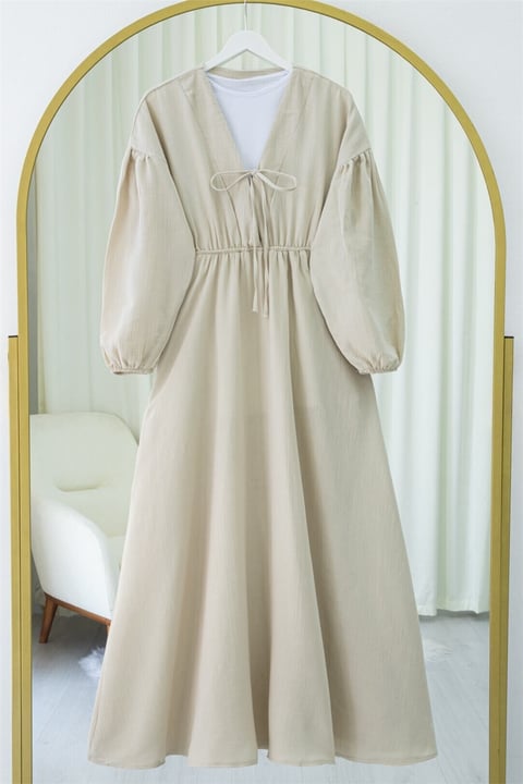Yakası Bağlamalı Kolu Ve Beli Lastikli Müslin Elbise -Taş-Elbise-346-3071-R43
