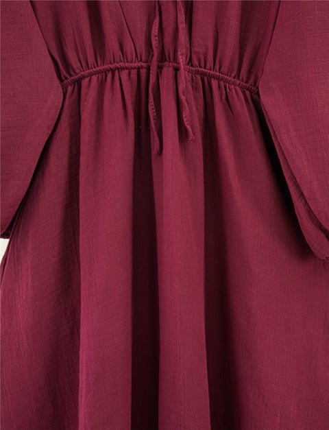Yakası Bağlamalı Kolu Ve Beli Lastikli Müslin Elbise -Bordo-Elbise-346-3071-R04