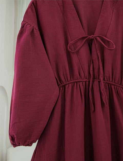Yakası Bağlamalı Kolu Ve Beli Lastikli Müslin Elbise -Bordo-Elbise-346-3071-R04