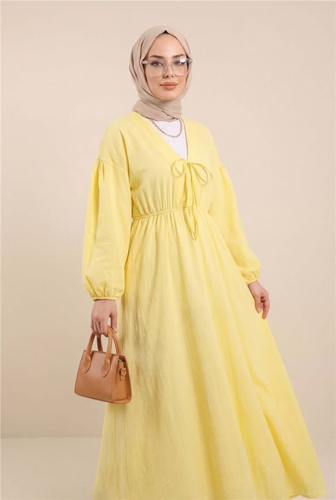 Yakası Bağlamalı Kolu Ve Beli Lastikli Müslin Elbise -Sarı-Elbise-346-3071-R22