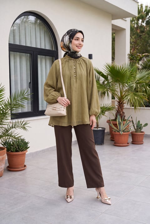 Yakası Bağlamalı Yarım Düğmeli Astarlı Oversize Tül Vual Bluz -Yağ Yeşili