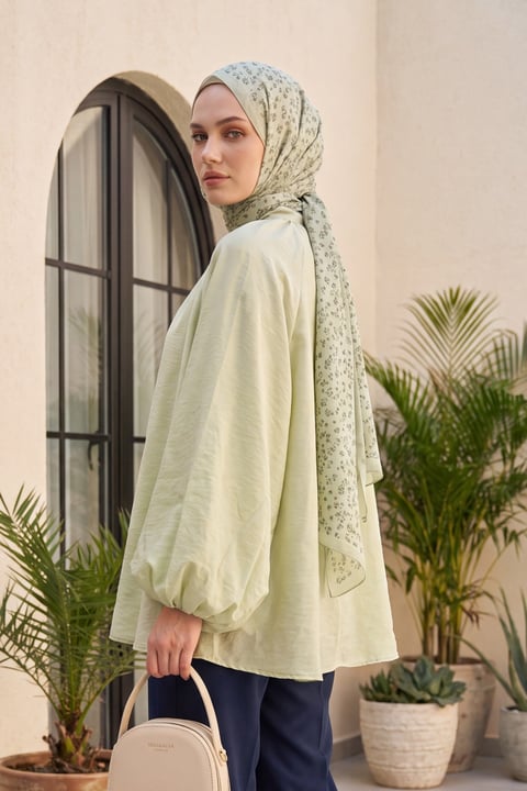 Yakası Bağlamalı Yarım Düğmeli Astarlı Oversize Tül Vual Bluz -Su Yeşili