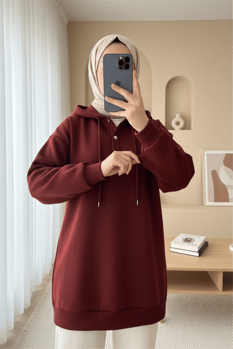 Yakası Çıtçıtlı Kapşonlu Şardonlu Üç İplik Sweat  -Bordo-Sweatshirt-349-5162-R04