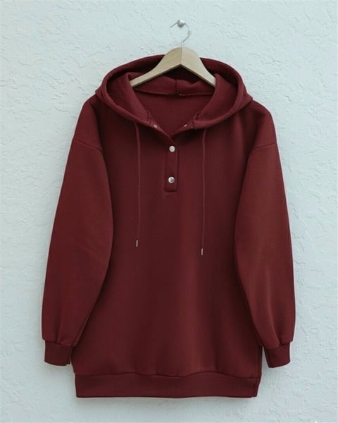 Yakası Çıtçıtlı Kapşonlu Şardonlu Üç İplik Sweat  -Bordo-Sweatshirt-349-5162-R04