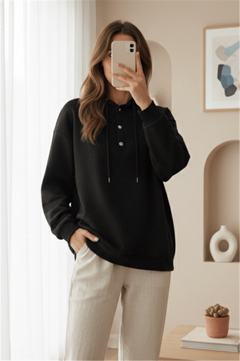 Yakası Çıtçıtlı Kapşonlu Şardonlu Üç İplik Sweat   -K. Kahve-Sweatshirt-349-5162-R54