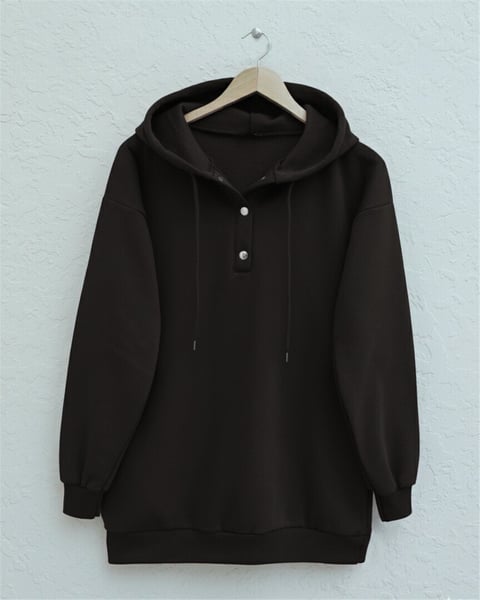 Sweatshirt-Yakası Çıtçıtlı Kapşonlu Şardonlu Üç İplik Sweat   -K. Kahve-349-5162-R54